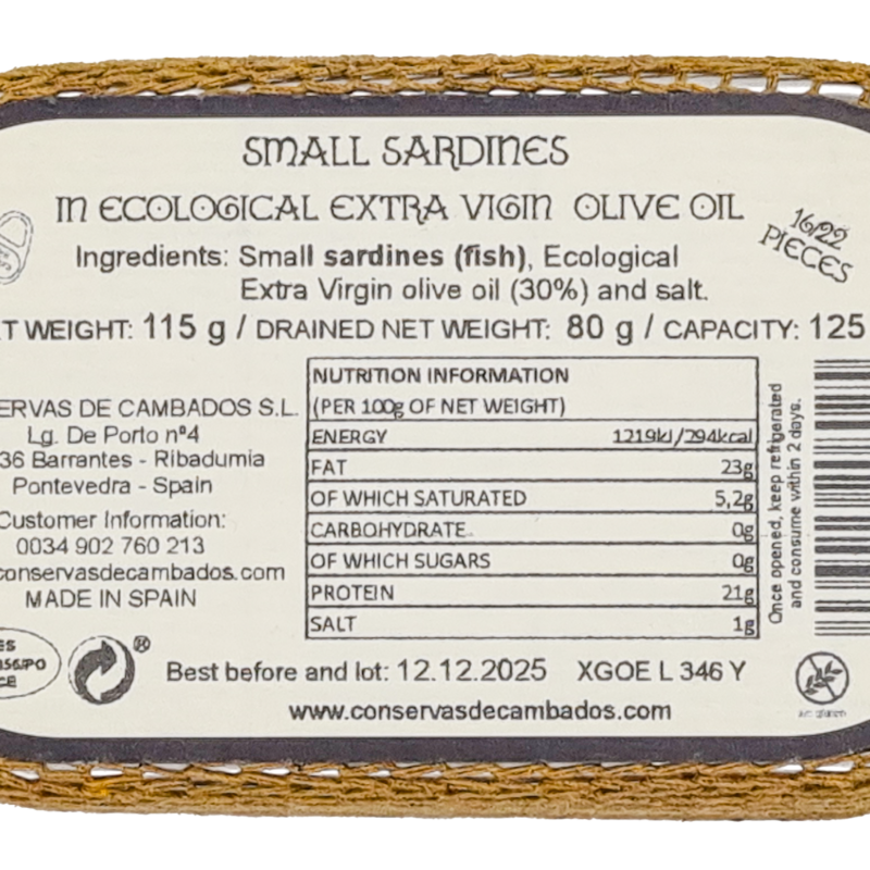 Conservas De Cambados Gourmet small sardines in extra virgin BIO olive oil