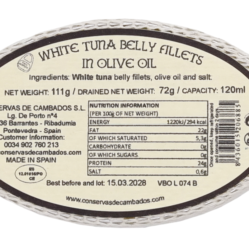 Conservas De Cambados Gourmet Ventresca Bonito Del Norte tuna belly fillet in olive oil